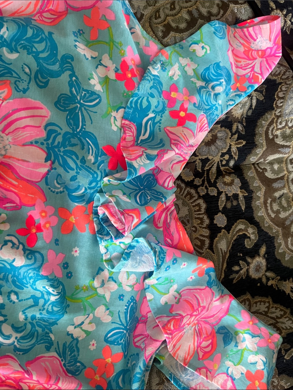 Lilly Pulitzer Aqua Dress with Pink Floral Ruffles - Picture 5 of 7